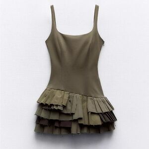 Zara Mixed Box Pleat Short Jumpsuit Green Dress